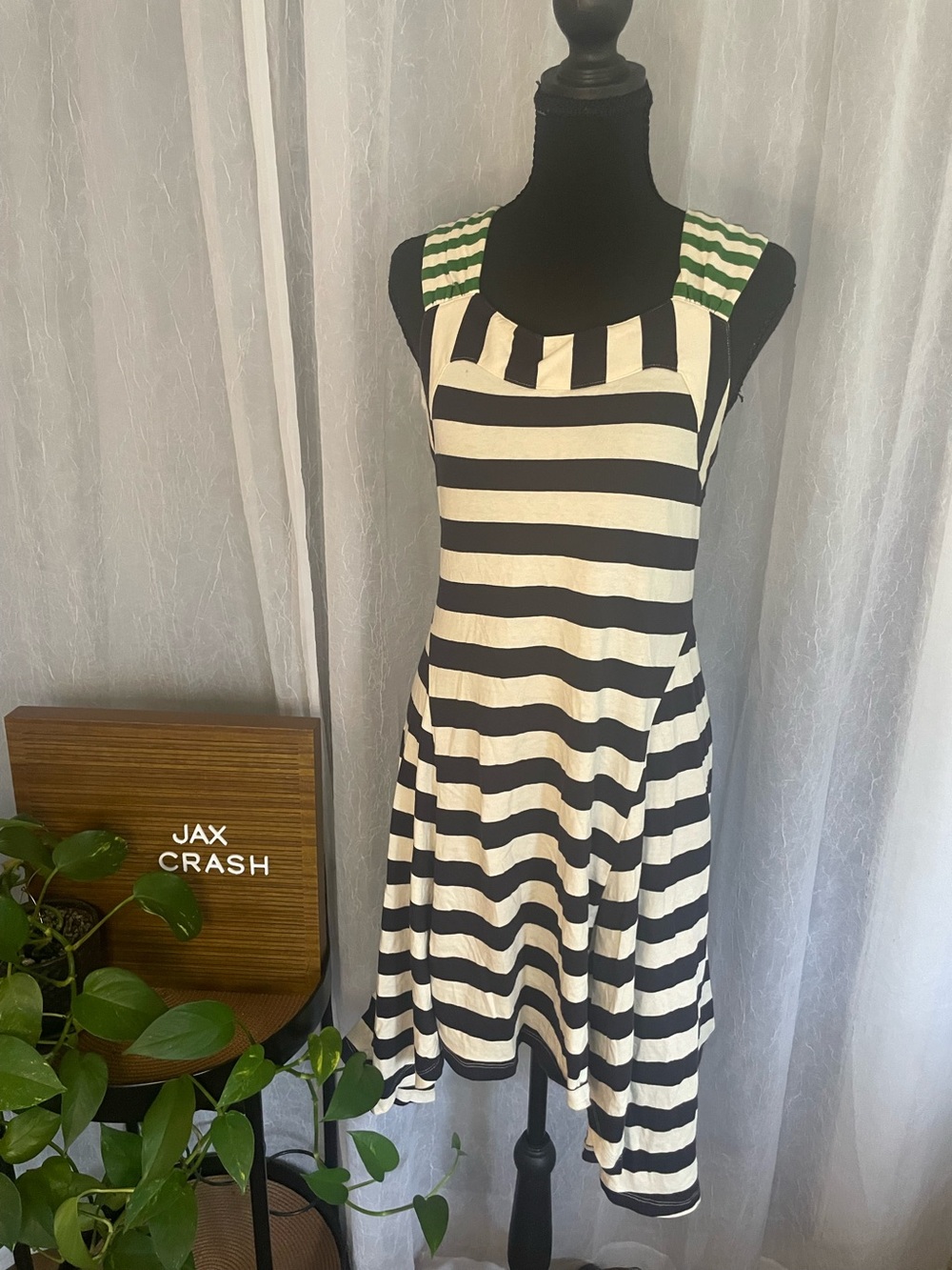 Anthropologie Black and White Striped Mini Dress with Green Striped Shoulders